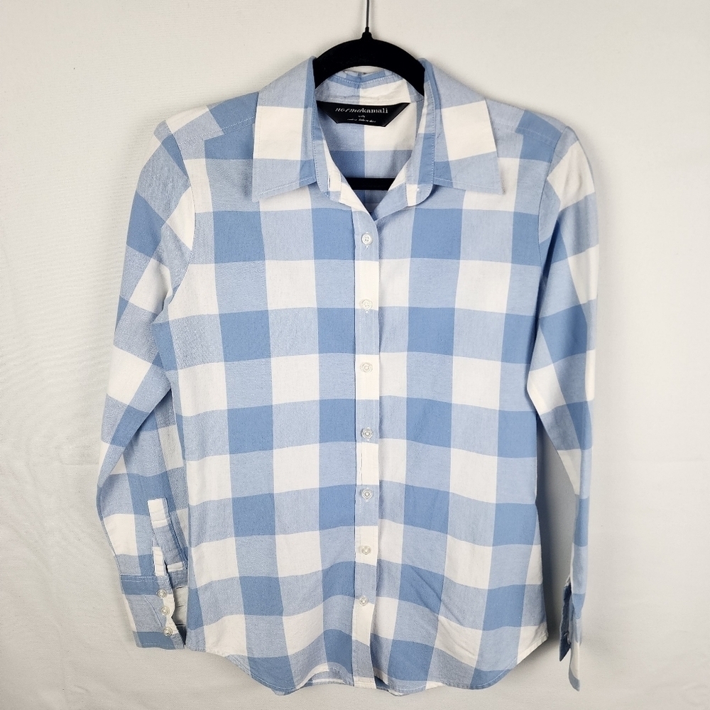 Norma Kamali Buffalo Plaid Blue &‎ White Womens Long Sleeve Shirt SIZE S Cotton